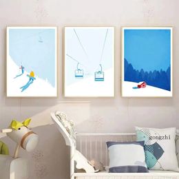 Canvas Painting Vintage Ski Snow Mountain Nordic Cable Car Snowboard Poster and Prints Modern Wall Art Picture Living Room Bedroom Decor No Frame Wo6