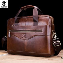 Briefcases BULLCAPTAIN Briefcase Shoulder Messenger Bags Men's Genuine Leather 14inch Laptop Bag's Office Business Handbag 230830