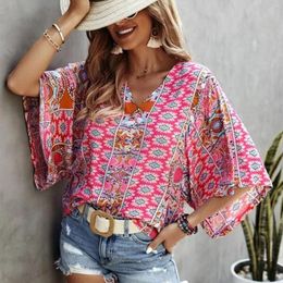 Women's Blouses Bohemian Floral Blouse V Neck Sexy Button Detail For Misses Loose Batwing Sleeve Shirts Women Autumn 2023