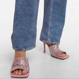 Sandálias femininas verão moda cetim cristal slide mule sandália designer chinelo sapatos elegante salto alto stiletto aberto dedo do pé quadrado