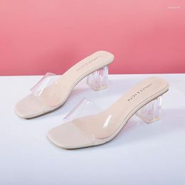 Slippers Comemore Crystal Clear Transparent Heel Female Shoes Middle Heels Comfortable Summer Women Fashion Mules Slides