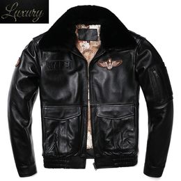 Men's Leather Faux Wool Collar Air Force Flight G1 Natural Genuine Jacket Warm Winter Real Cowhide Clothing Man Calf Skin Loose Coats 230831