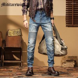 Men's Jeans Denim Pants Vintage Moto&Biker Stretch High Street Slim Retro Blue Knee Pleated Versatile Hip Hop Full Length Youth