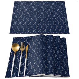 Table Mats Navy Blue Long Wave Pattern Kitchen Dining Decor Accessories 4/6pcs Placemat Heat Resistant Linen Tableware Pads