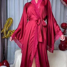 Women's Sleepwear Spring And Summer Satin Pyjamas Lace Light Luxury Long-sleeved Cool-feeling Nightgown Bathrobe Women