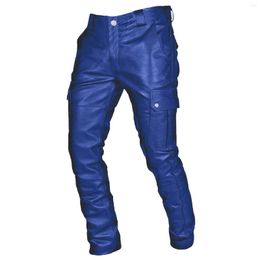 Mens Pants Fashion Motorcycle Men Faux Leather Wide Leg Button Large Pocket Solid Color Casual Trousers Handsome Male Clothing