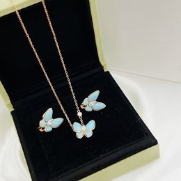 Set Vintage Sweet Jewellery Brand Designer Top Sterling Silver Blue Ceramic Butterfly Charm Earrings And Pendant Necklace Jewellery Set With Box For Women Jewellery