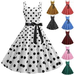 Casual Dresses Summer Retro Womens Sexy Double Strap Open Back Polka Dot Print A-line Dress