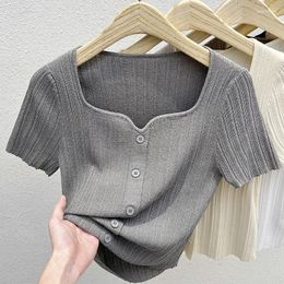 Women's Sweaters Summer Women Tops Short Sleeve Knit Sweater Pullover V-Neck Black White Blusas Mujer De Moda 2023 G622