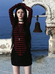 Women's Sweaters Deeptown Y2K Gothic Punk Red Striped Sweater Women Egirl 2000s Aesthetic Knit Tops Dark Goth Streetwear Pullover