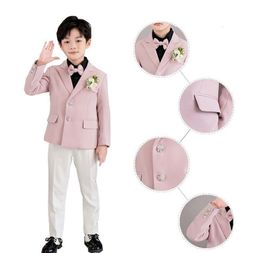 Suits Boys Girls Pink Jacket White Pants Bowtie 3PS Pograph Suit Kids Birthday Performance Dress Child Host Groom Wedding Party Set 230830