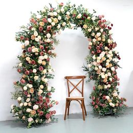 Decorative Flowers Coffee Peony Champagne Rose With Greenery Floral Row Outdoor Wedding Backdrop Arch Decoration Flower Arrangment Window