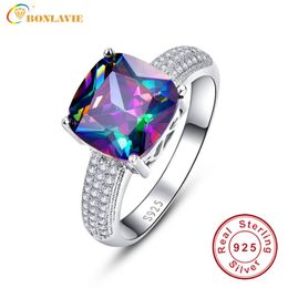 Wedding Rings BONLAVIE Luxury 7 3ct Rainbow Fire Mystic Topazs Ring With AAA Crystal S925 Sterling Silver Jewellery Charm For Women Gift 230830