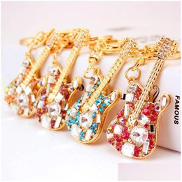 Keychains Lanyards Fashion Guitar Musical Instrument Key Chain Girl Bag Accessories Ring Colorf Crystal Metal Pendant Small Giftkeyc Dhgzw