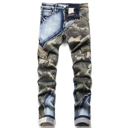 Men's Jeans Autumn Winter Trend Stretch Camouflage Stitching Slim Mid Waist Motorcycle Fashion Street PantsMen's315q