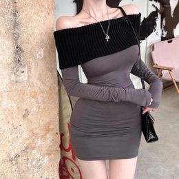 Casual Dresses Korean Sweet Sexy One-shoulder Dress Ladies Slim Pleated Mini Short Skinny Patchwork Elegant 2023 Women