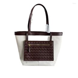 Evening Bags 2023 Canvas Spliced Cowhide Tote Bag Knitted Fashion Women's Capacity Large Work Commuter Shoulder