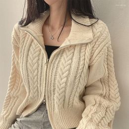 Women's Knits Retro Double Zipper Twists Knitted Cardigan Autumn Winter Clothing Korean INS Long Sleeve Polo Collar Sweater Coat 28831