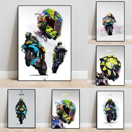 Motorcycle Racer Watercolor Poster Motorbike Legend Star Helmet Graffiti Canvas Painting Wall Art Living Room Motorport Boy' Bedroom Decor No Frame Wo6
