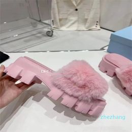 2023-Thick sole anti slip women's mink hair slippers flower wool plush slippers lambskin sandals flat heel fur flying leg slippers 35-40