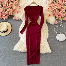 Casual Dresses Winter Screw Thread Knitted Dress For Women V-neck A-line Female Long Sleeve Ladies Lace-up Bow Autumn Vestidos Dropship