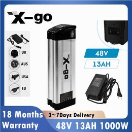 X-go 48V 13AH eBike Battery Li-ion Lithium 18650 battery Silver Fish 48v battery for 1000W motor Rechargeable Battery 48v akku