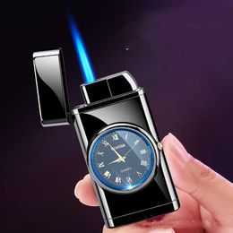 New Windproof LED Gold Watch Jet Lighter Torch Turbo No Gas Cigar Cigarette Metal Inflated Butane Gadgets Men Gift LZ5K