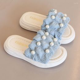 Slipper Girls Sandals Pearl Flats Open Toe Slide Non-slip Children Home Slippers Kids Summer Cute Beach Shoe