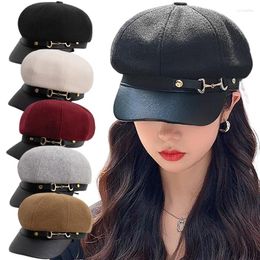 Berets Women Retro PU Leather Wool Cap Hat Black Grey Outdoor Adjustable Female Autumn Winter Casual Lady For