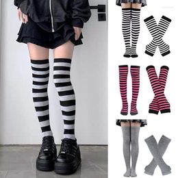 Women Socks Long Fingerless Gloves Arm Cover Striped Knitted Wrist Sleeves Warmer Anime Gothic Overknee Sleeve