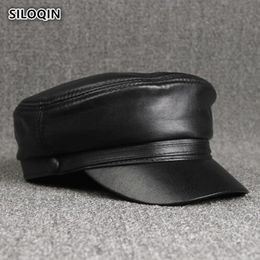 Berets SILOQIN Genuine Leather Hat Men's Flat Cap Quality Sheepskin Military Hats Leisure Tourism Autumn Winter Gorra's 230830