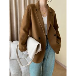 Womens Wool Blends Classic AutumnWinter Suit Collar Brown Black Doublesided Woolen Coat 230831