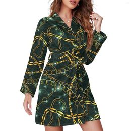 Women's Sleepwear Chain Print Pajama Robe Woman Vintage Damask Bedroom Nightgown Long Sleeve V Neck Printed Pajamas Robes Spring Cute Dress