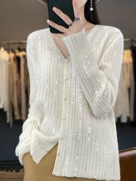 Women's Sweaters Spring and Autumn Pure Wool Cardigan VNeck Sequin AllMatch Sweater Coat Loose Pearl Buckle Knitted Top 230831