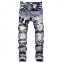 Men's Jeans AMR Black Leather Patchwork Letter Biker Jean For Motorcycle Slim Skinny Ripped Stretch Denim Pants Hip Hop Men Vintage