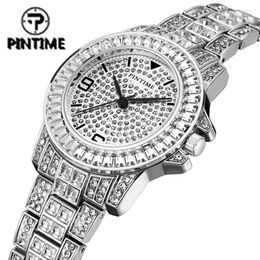 Wristwatches PINTIME Quartz Watch For Men Luxury Full Diamond Iced Out Hip Hop Sliver Rose Gold Mens Wrist Clock Male Wristwatch