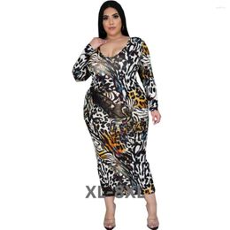 Plus Size Dresses Women Dress Print Full Sleeve V-neck Stretchy Bodycon Skinny Vintage Fashion Vestidos Autumn 3xl 4xl 5xl 6xl