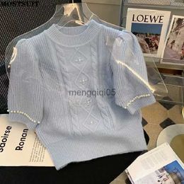 Women's Sweaters Blue Pearl Beaded Sweater Tshirt Women 2023 Summer Twisted Knitted Elegant Korean Knitwear Tops Short Sleeve O-neck Tees Jumpers HKD230831