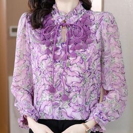 Women's Blouses Long Sleeve Floral Print Chiffon Shirts Autumn 2023 Fashion Chic Lace Up Purple Blouse Top