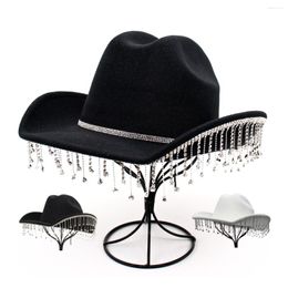 Berets Fluorescent Colourful Tassel Women's Cowboy Hat Rhinestone Fringe Black Western Cowgirl Hats Bride Crystal Solid Party Dress
