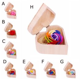 selling products heart shaped wooden box soap flower simulation colorful rose small wooden box support1943