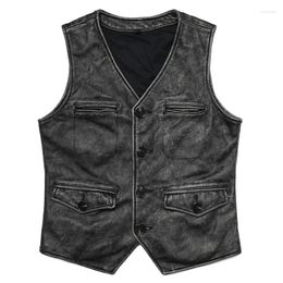 Men's Vests Gery Vintage Genuine Leather Vest Man Natural Cowhide Work Clothes Safari Style Slim Sleeveless Jacket