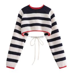 Women's Sweaters 2023 New Stripe Cropped Sweater Woman Backless with tie Casual Knit Tops Long Sleeves Jersey Top Female HKD230831