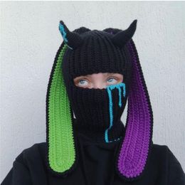 Party Supplies Demon Horn Mask Hood Knitted Hat Women Halloween Cosplay Fashion Winter Head Cover Beanies Windproof Hip Hop Balaclava For