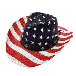 Wide Brim Hats Bucket Vintage Cowgirl Hat American Flag Western Cowboy Riding with Windproof Rope for Outdoor Activities 230830