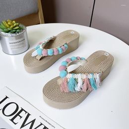 873 Slippers Faux Summer Grass Grass Sandálias Moda Moda Sapatos planos Praia Casual Flip Slide Zapatos 22