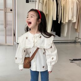 Kids Shirts 3440B Girl Clothes Embroidered Bear Big Lapel Shirt Autumn Temperament White Shirt Korean Casual Girl's Shirt Blouse 230830