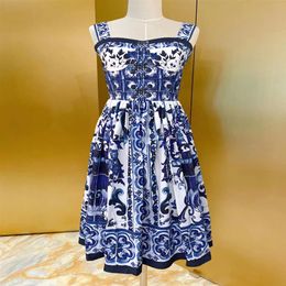 2023 European luxury dress New Blue and white porcelain series 100% cotton positioning large swing sling skirt250m