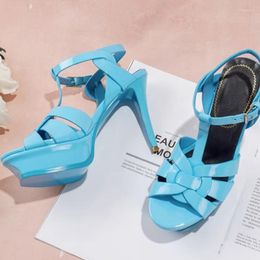 Sandals 2023 Summer Waterproof Platform Thick Sole Patent Leather Fish Mouth Slim Heels 10cm/14cm Ultra High Runway Style