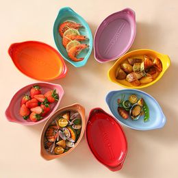 Bowls 8 Colours Gradient Ceramic Boat Shaped Plate Oval Fruit Salad Dishes Bowl Oven Applicable Baking Kitchen Tableware